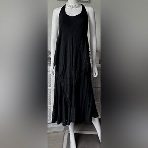 Lagenlook Midi Tank Dress with Crochet Fringe Details in Black Size M